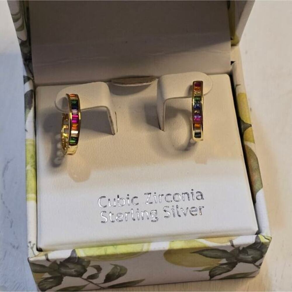 Nanette Lepore Gold Plated Sterling Silver Baguette Jeweled Huggie Hoop Earrings